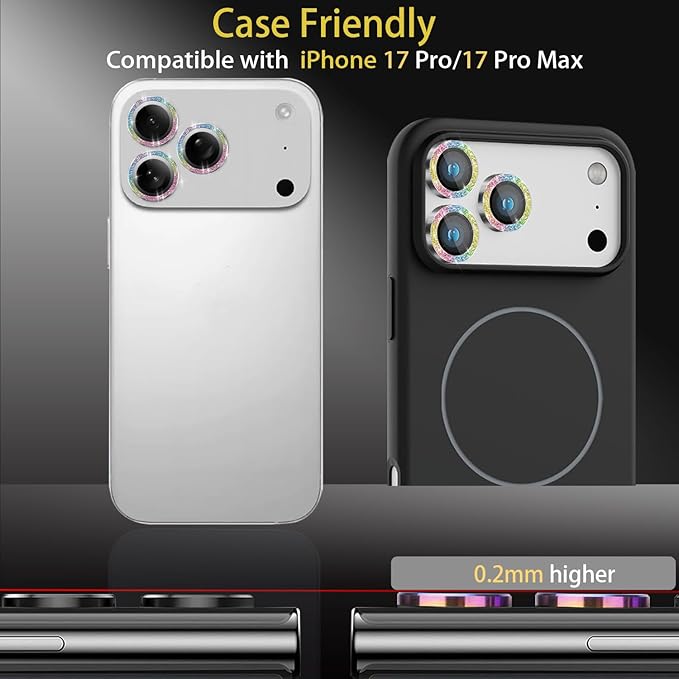 Camera Lens Protector for iPhone 17 Pro/17 Pro Max, Aluminum Alloy Tempered Glass Lens Protector with Installation Frame Fits for iPhone 17 Pro/17 Pro Max (Glitter Colorful)