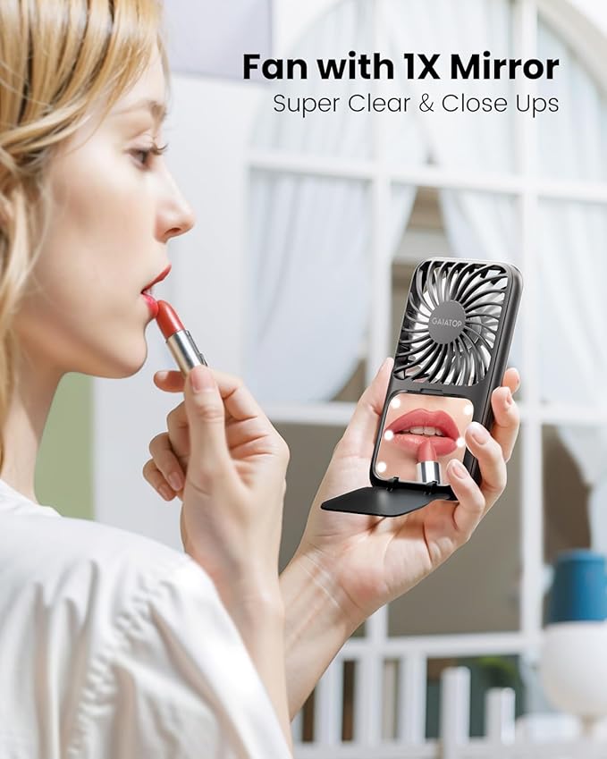 Gaiatop Portable Handheld Fan, 3 Speed LED Makeup Mirror with Light, Folding Stand for Desktop, Rechargeable Mini Personal Fans Small Travel Essentials Gifts for Women Girls