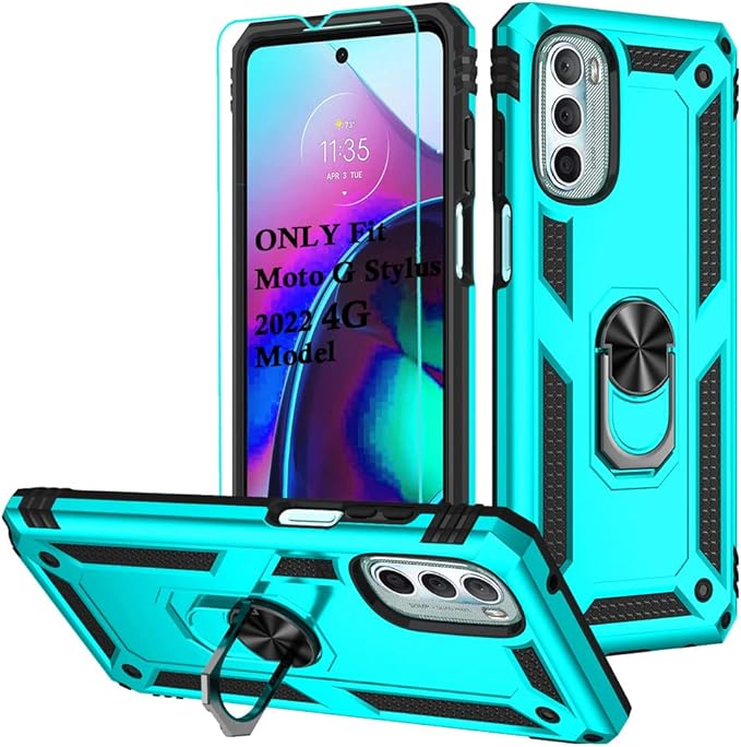 Androgate Compatible with Motorola Moto G Stylus 2022 4G Case with HD Screen Protector, Military-Grade Metal Ring Kickstand 15ft Drop Tested Shockproof Cover Case for Moto G Stylus 4G 2022, Teal