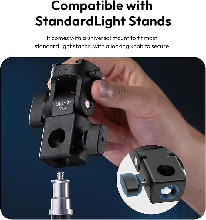 ULANZI LA04 Light Stand Mount Adapter with 1/4” Screw, Quick Release Mounting Plate for Camera Monitor Ring Light, Fits Flat Head Light Stand/Boom arm/C Stand, 180° Tilt Max. Load 6.6lb/3kg