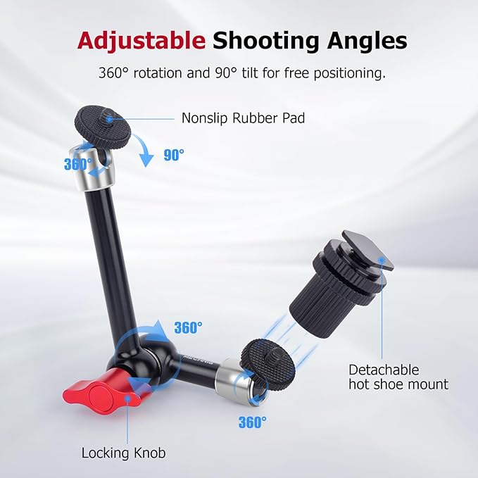 9" Cold Shoe Magic Arm with 360° Ball Joint, Extended Stainless Steel Friction Arm for Camera Cage Rig, LED Panel, Monitor Mount – Vlog Studio Photography-87002