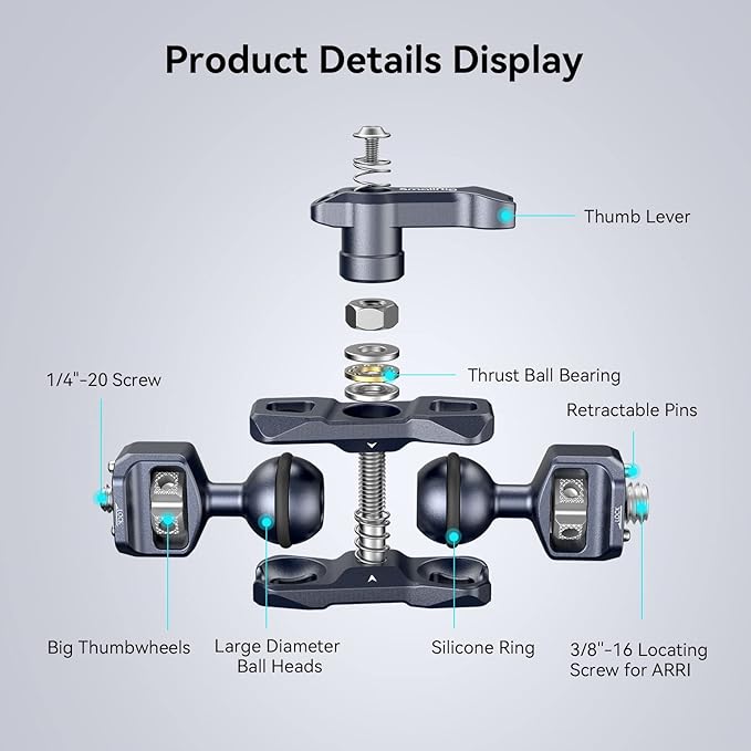 SMALLRIG Articulating Magic Arm with 3/8"-16 Locating Screw for ARRI and 1/4"-20 Screw (with Retractable Pins), 360 Degree Rotation, Max Load of 12 Ib for Monitor, Camera, and Lights 3874