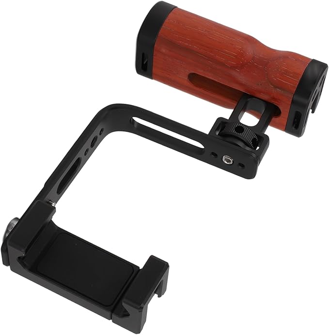 Phone Camera Rig Hand Grip, Wooden Handle with Adjustable L Plate, Cold Shoe Mounts, for, for iOS Smartphones