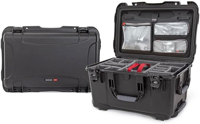 Nanuk 938 Wheeled Waterproof Hard Case with 3-Pocket Lid Organizer and Padded Divider, Black