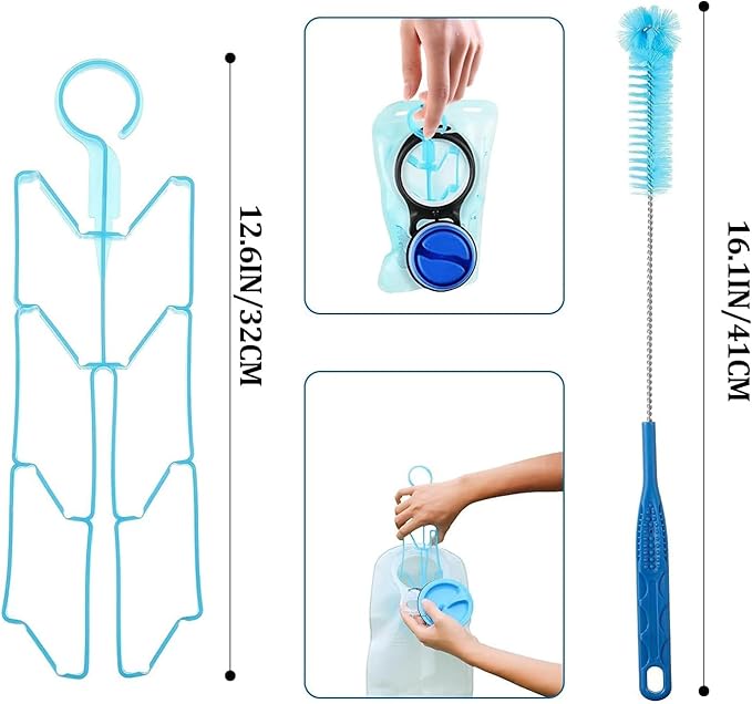 Feekoon Reservoirs Backpack Accessories Hydration Bladder Cleaning Kit with Flexible Long Brush for Hose, Small Bite Valve and Big Brush, Drying Collapsible Bladder Frame, Carrying Pouch