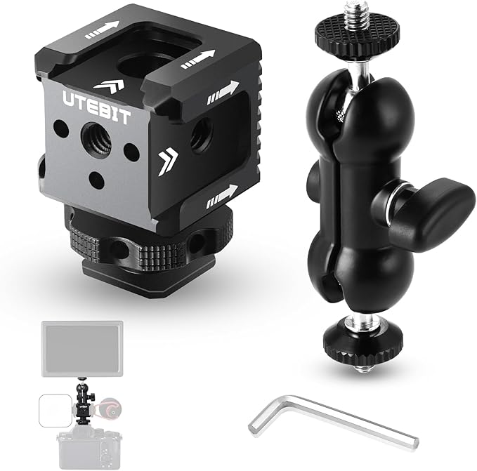 UTEBIT 3 Port Cold Shoe Mount with 1/4"-20 Thread , Cold Shoe Extension Bracket with 3.8" Magic Arm Dual 1/4 Screw Head Adapter 360° Rotatable, for Camera Cage Flash LED Monitor Microphone, Black