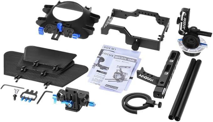 Andoer Camera Cage Kit C500 Aluminum Alloy Camera Camcorder Video Cage Rig Kit Film Making System with 15mm Rod Matte Box Follow Focus Handle Grip for Panasonic GH4 for Sony A7S/A7/A7R/A7RII/A7SII