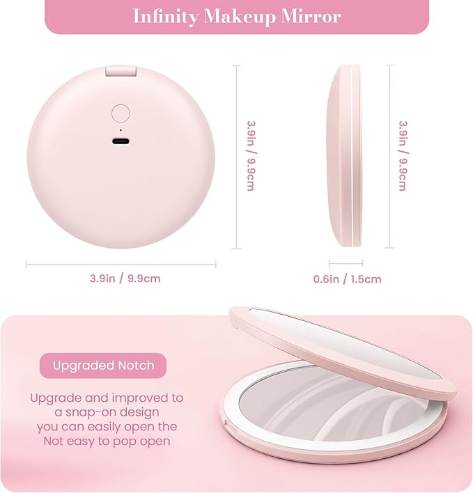 Infinity Travel Lighted Makeup Mirror, Abyss LED Compact Pocket Mirror with Light for Purse, Mini Small Light Up Mirror with 3 Color Lightling, Rechargeable, Handheld,Portable, Folding Pink