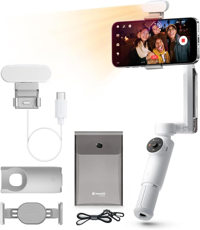 Insta360 Flow Creator Kit - Smartphone Gimbal with AI Tracking, Smartphone Gimbal, 3-Axis Stabilization, Integrated Selfie Stick, All-Purpose Tripod, Portable & Foldable, Snow White