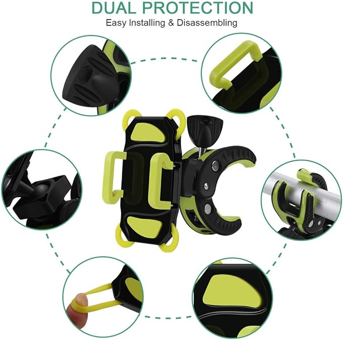 Bike Phone Mount, Motorcycle Mountain Bike Handlebar Bicycle Golf Cart Stroller Cell Phone Holder with Rubber Strap 360 Degrees Rotate for iPhone X 8 7 6 6s Plus Samsung (Green)