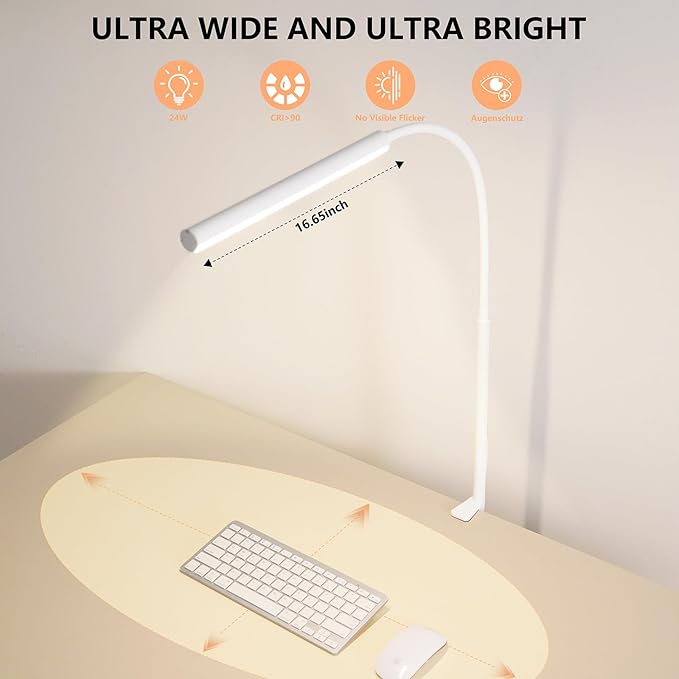 LED Desk Lamp for Office Home, Adjustable Flexible Eye-Caring Desk Light with,5 Modes 10 Brightness Adjustment, USB Adapter Desk Lamp with Clamp-LK-W