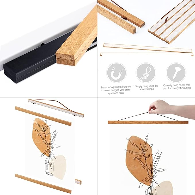 Ywlake Magnetic Poster Hanger, 9x12 9x14 9x17 Poster Frame Wood Wooden Magnet Print Posters Dowel Scroll Hanger Hangers Hanging Kit for Walls Map Canvas Artwork (Teak Wood, 9")