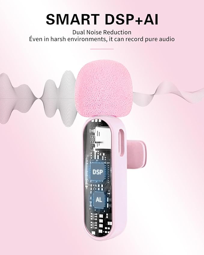 Wireless Lavalier Microphone for iPhone/Android/Camera, Upgraded Mini Microphone with Noise Reduction, 4 Mic for Video Recording, Podcasts, YouTube, TikTok, and Vlogging (Pink)