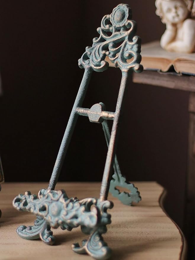 Decorative Metal Easel Stand, Vintage Turquoise Cast Iron, Ornate Scroll Design, 13.4x5.5 Inches, Display Holder for Art, Photo, Book,Tablet and More