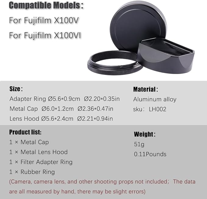 Metal Square Lens Hood (with Cap) with 49mm Adapter Ring for Fujifilm X100V/X100VI Camera Accessories (X100VI-Lens Hood-Black)