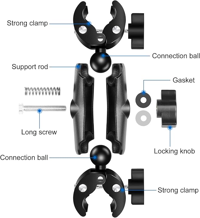 Super Clamp Dualheads Crab Clamp, Action Camera Mount Crab Plier Clip Bracket Magic Arm 360 Rotation Double Ball Head Umbrella Mount for Motorcycle/Cross Bars/Photography Light Stand/Photo Boom Stand
