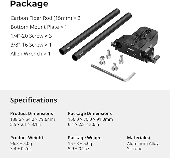 SMALLRIG Camera Base Plate Kit with 15mm LWS Rod Rail Clamp, Carbon Fiber 15mm Rods (8'' / 20cm), for Sony A6500 A6600 A6300, for Canon R5 R6, for Sony A7SIII / A7III, Both for Cameras & Cages - 5609