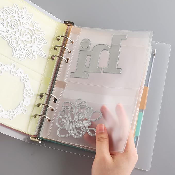 CYFUN DESIGN 10 Sheet Binder Pockets Inserts with Two Pockets A5 Size 6 Hole Binder Folder for Dies and Stamps Storage,Waterproof PVC Clear Bags Protectors for Cutting Dies Stencil Album Stamp Crafts