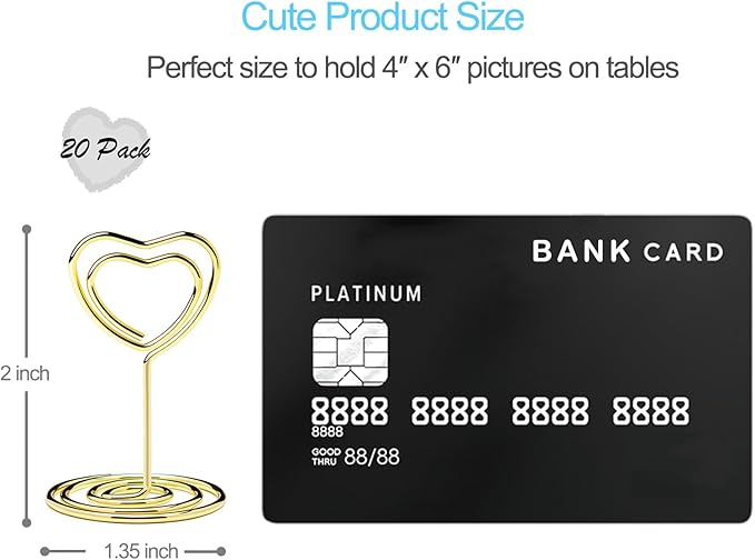 20PCS Mini Table Number Holders, Heart Shaped Place Card Holder, Premium Photo Holders for Tables, Table Sign Holders Card Stands Menu Clips for Wedding Valentine's Day Table Decor, Gold