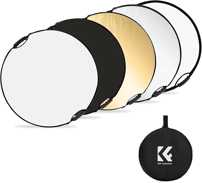 K&F CONCEPT Light Reflector with Grips, 32"(80cm) 5-in-1 Photography Diffuser Collapsible Portable with Grips for Studio and Outdoor Lighting Gold Silver White Black Translucent