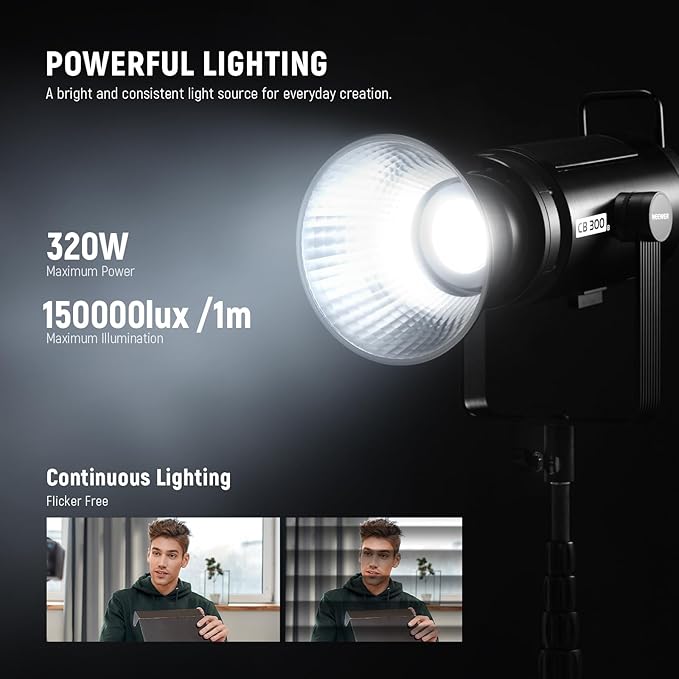 NEEWER CB300B 320W LED Video Light with 2.4G/APP Remote Control, All Metal Bi Color COB Continuous Output Lighting with Bowens Mount 150000lux/1m 2700K-6500K CRI/TLCI97+ 12 Effects for Video Recording