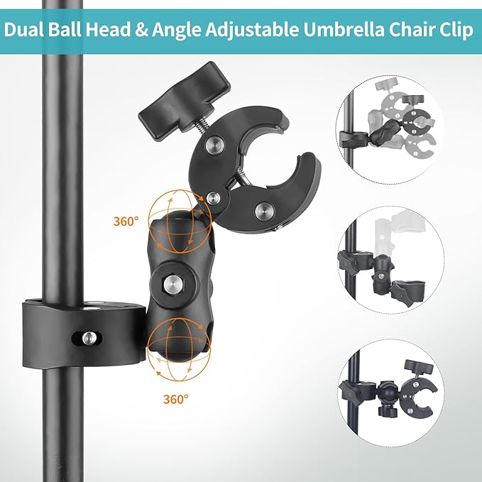 Double Clamp Mount Umbrella Chair Clamp with 360° Magic Arm, Umbrella Holder Clip for Chair Wheelchair Stroller Light Stand, Photography Reflector, Motorcycle, Live Scope Pole, Photo Boom Stand