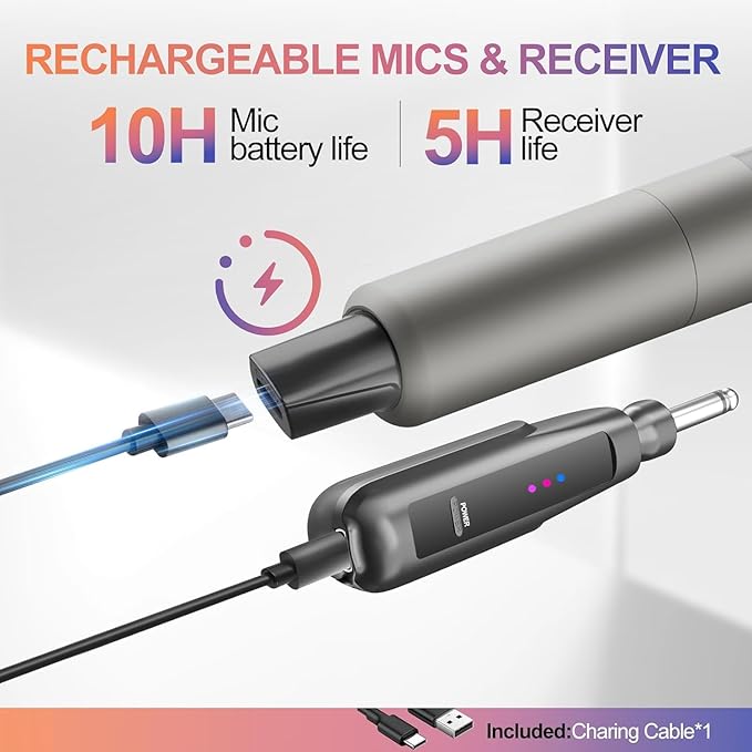Aveek Wireless Microphone System, 2 Rechargeable Mics and Receiver, Plug & Play for Karaoke Machine, Party Speakers, Home Entertainment, Wedding & Events - Crystal Clear Sound, 100ft Range