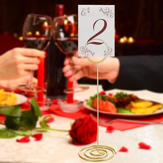 24 Pack 8.86 Inch Table Number Holder Wire Photo Holder Picture Name Menu Clips Memo Note Cards Stand for Wedding Reception Anniversary Birthday Centerpieces(Gold)