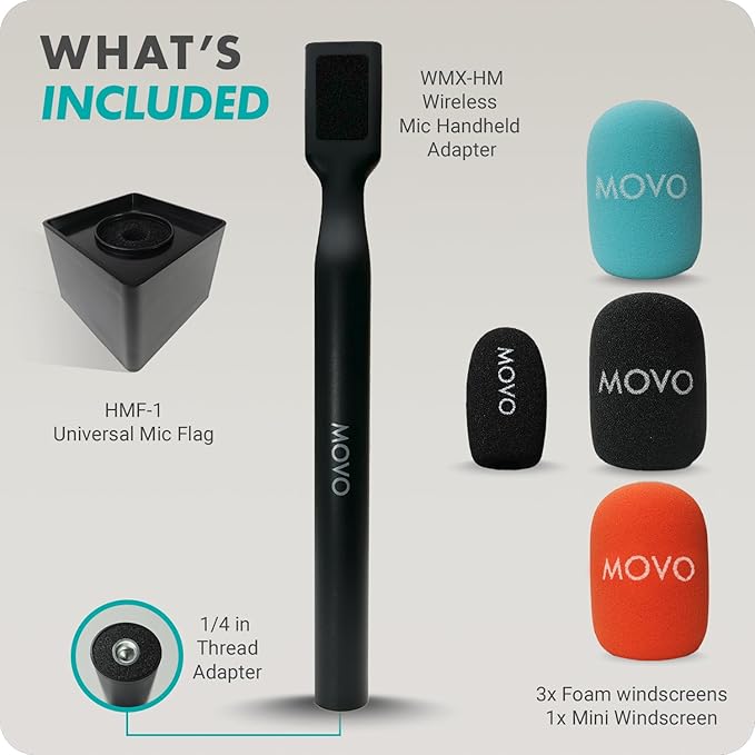 Movo WMX-HM Wireless Microphone Handle for Interviews – Handheld Adapter for DJI Mic, RODE Wireless GO, & More – Includes Mic Flag – for Creators, Journalists & Youtubers