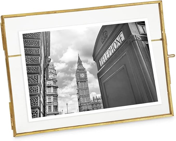 Isaac Jacobs 5x7, Antique Gold, Vintage Style Brass and Glass, Metal Floating Picture Frame (Horizontal) with Locket Closure, for Photos, Art, More, Tabletop Display (5x7 Antique Gold)