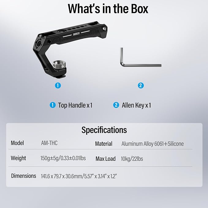 SIRUI Cold Shoe Mount Camera Top Handle, Universal Camera Cage Top Hand Grip with Anti-Off Designed Cold Shoe Adapter, and Multiple Mounting Points, AM-THC