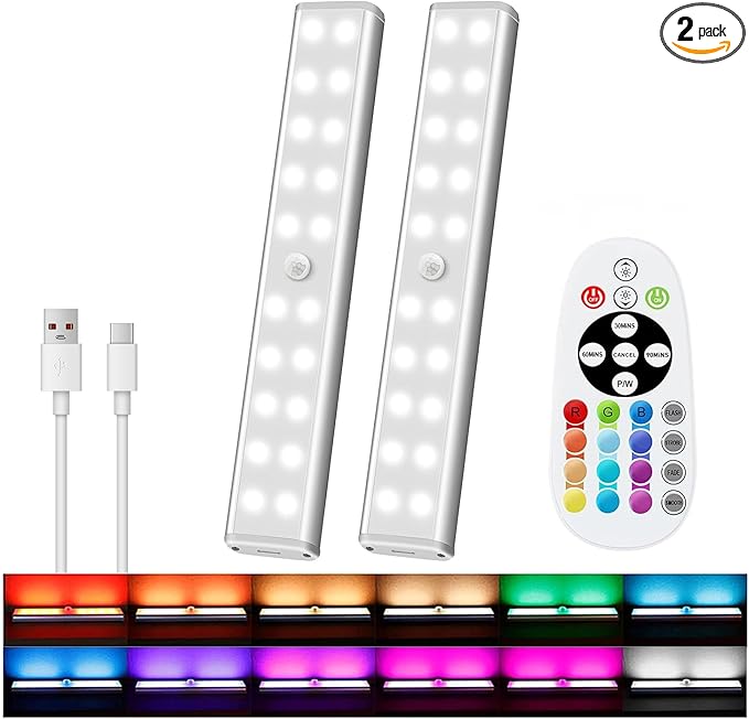 Under Cabinet Lighting with Remote, 15 Color RGB 4 Dynamic Working Modes Wireless Lamp, 1100mAh Rechargeable Lamp & 3 Timer, Stick on Lights for Kitchen, Home Decor, Closet, House Party (2 Pack)