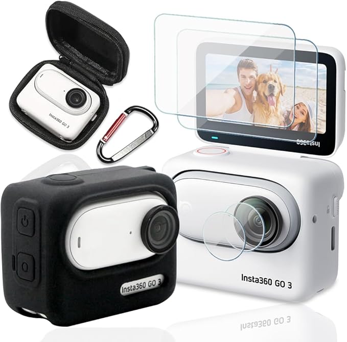 HUADU Silicone Cover Sleeve Compatible for Insta360 GO 3 Action camera,Screen Protector Film Anti-Scratch High Definition and Hard Shell Travel Storage Carrying Case, black