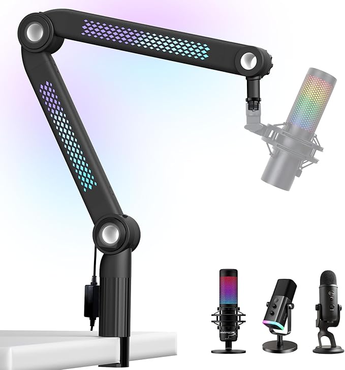 YOUSHARES RGB Mic Arm, Adjustable Boom Arm with RGB Control, Multiple Adapters, Compatible with Blue Yeti, HyperX，FIFINE AM8, Shure Mic，Rode and More, Perfect for Podcasting, Streaming and Gaming