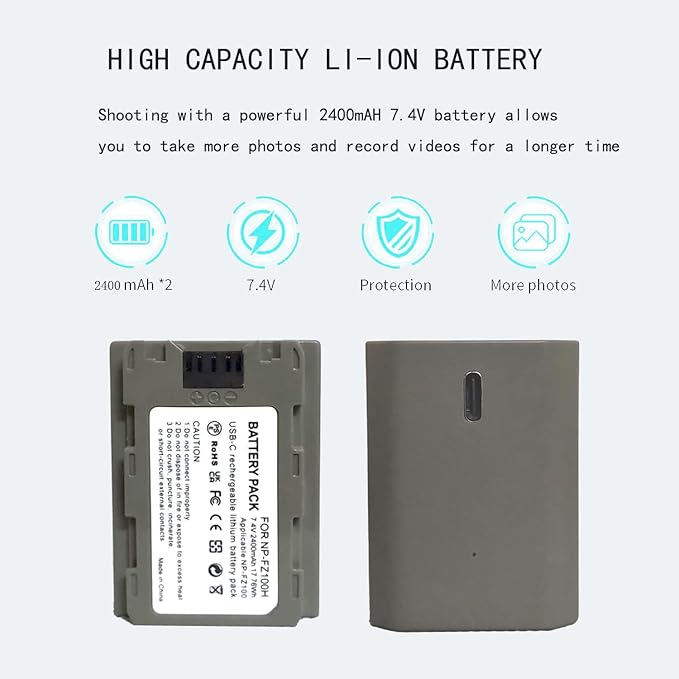 NP-FZ100 2400mAh Replacement Battery for A7R V A7S III A7 IV, USB C Charging Cable, Compatible with ZV-E1, FX3, FX30, A1, A9,A9 II, A6600, A7C