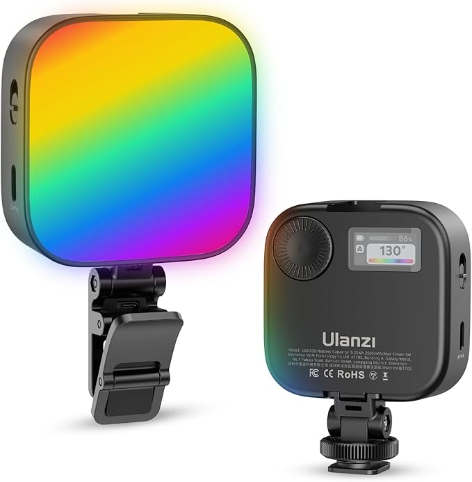 ULANZI U60 RGB Video Lights Black LED Camera Light 360° Full Color Portable Photography Lighting w Quick Release Cold Shoe Adapter and Clip, 2500mAh Rechargeable CRI 95+ 2500-9000K Dimmable Panel Lamp