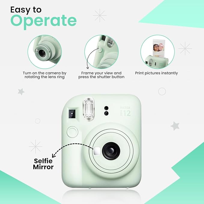 Fujifilm Instant Mini 12 Camera + Accessory Bundle & Custom Case + Fuji Instant (20 Shots) Designer Mini Photo Album (60 Pockets) (Mint Green)