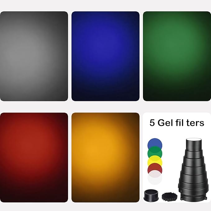 Metal Conical Studio Snoot Kit with Honeycomb Grid and 5pcs Color Filters for Bowens Mount Studio Strobe Monolight Photography Flash