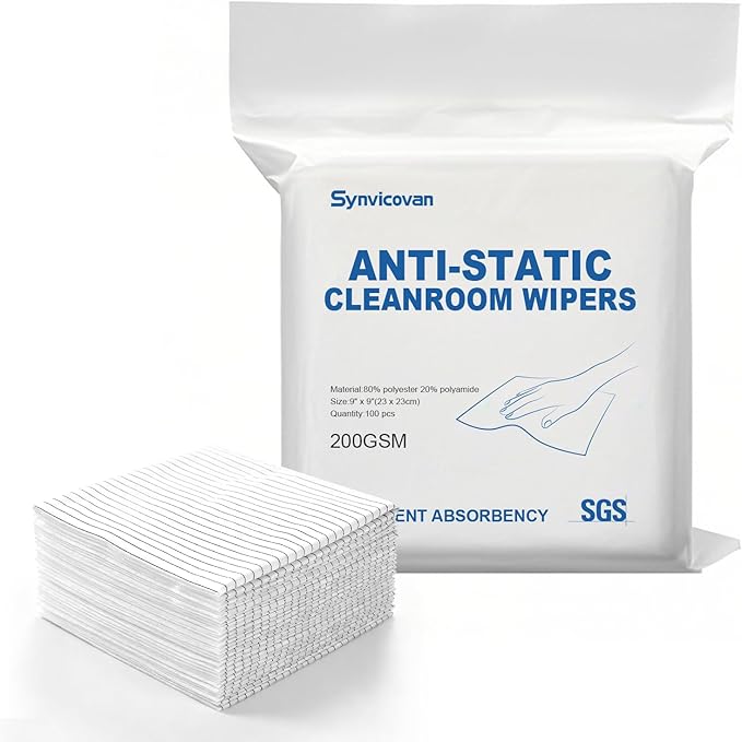 Anti-Static Microfiber Wipes 9"x9"(100 Pcs,Class 100, 200GSM) Lint Free Cloths Reusable Special ESD protection design is suitable for protecting sensitive electronic components and tools