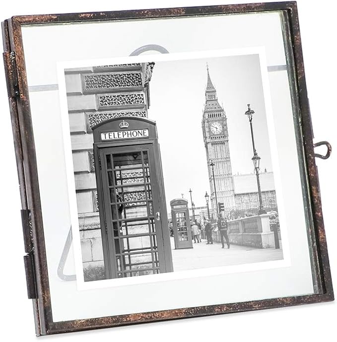 Isaac Jacobs 4x4, Antique Bronze, Vintage Style Brass and Glass, Metal Floating Picture Frame with Locket Closure, for Photos, Art, & More, Tabletop Display (4x4 Antique Bronze)