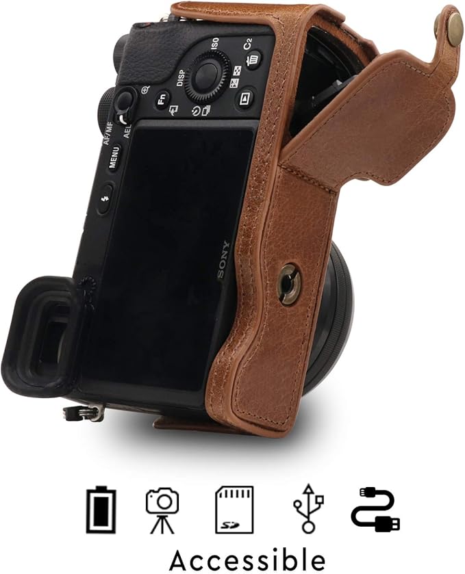 MegaGear MG1642 Ever Ready Genuine Leather Camera Half Case compatible with Sony Alpha A6100, A6400 - Brown
