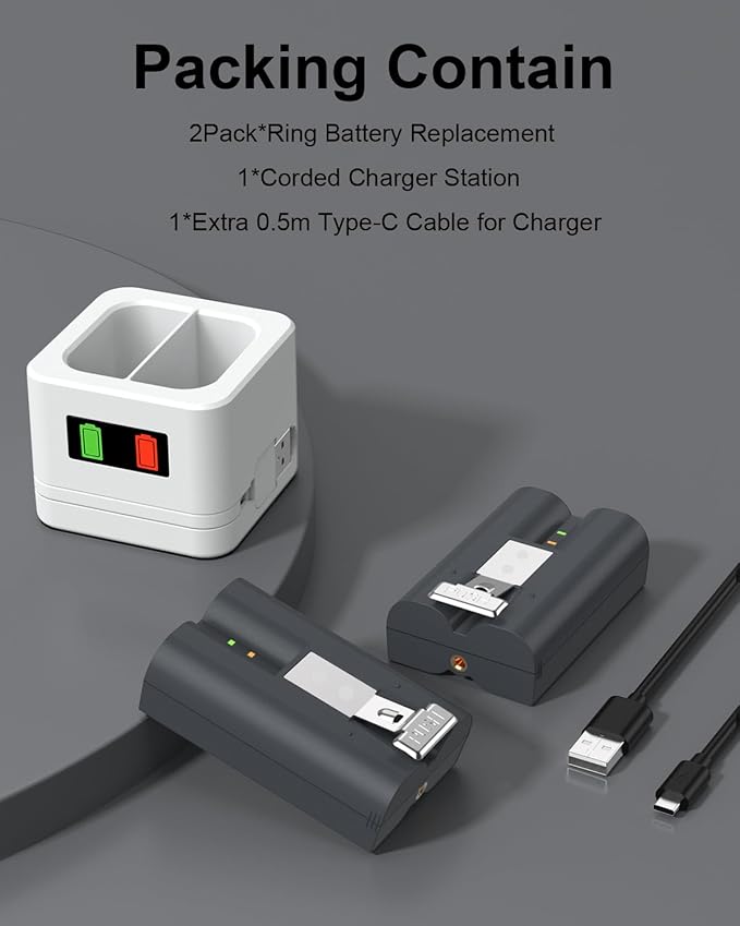 2 Pack Replacement Battery with Charger Station, 6040mAh Rechargeable Doorbell Battery Compatible withRing Video Doorbell 2/3/4/3plus, Stick Up Camera, Spotlight and Peephole Cam