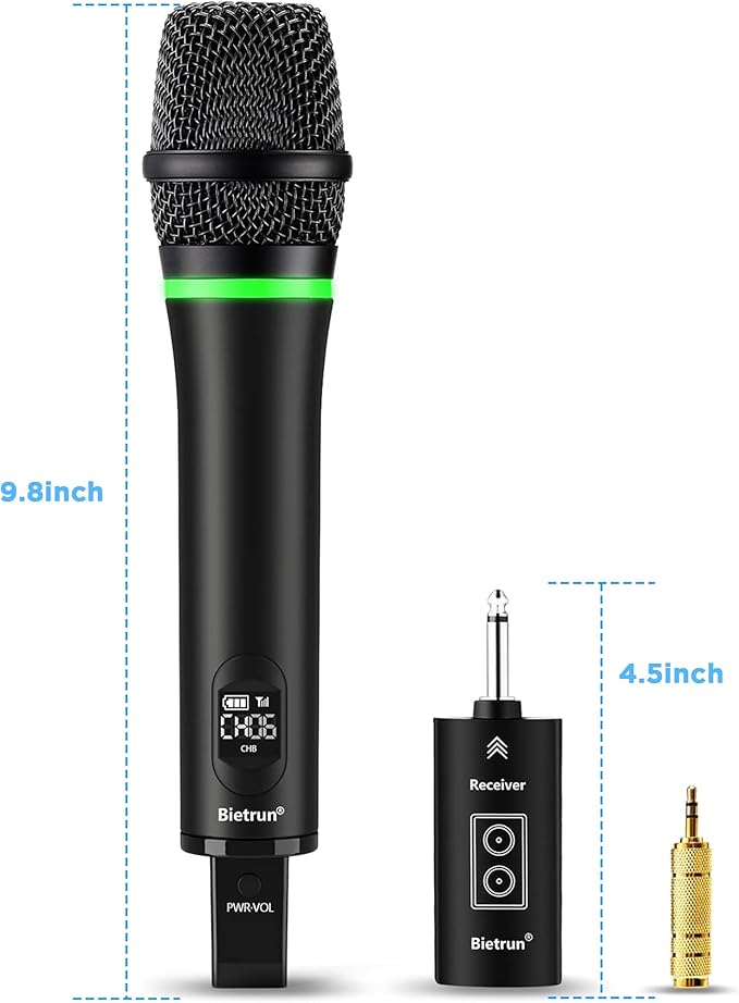 Bietrun Wireless Microphone Rechargeable, 168FT Range Bluetooth Microphone Wireless (Work 7 hrs) with 1/4'' Output, UHF Metal Handheld Dynamic Mic for Karaoke Machine/PA System/Speaker/Church/Wedding