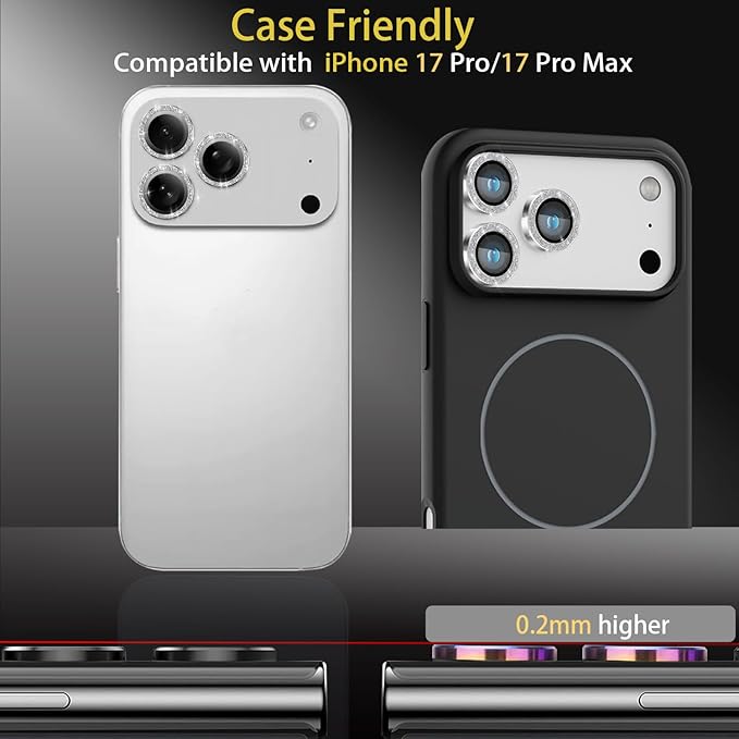 Camera Lens Protector for iPhone 17 Pro/17 Pro Max, Aluminum Alloy Tempered Glass Lens Protector with Installation Frame Fits for iPhone 17 Pro/17 Pro Max (Glitter Silver)