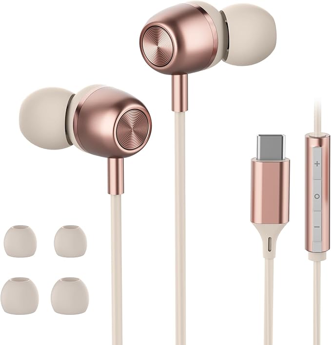 USB C Headphones for Samsung S24 S23 FE S22 S21 S20 A53 A54 Wired Earbuds Metal in-Ear Type C Earphone with Microphone Volume Control Bass Stereo for iPhone 17 Pro Max iPhone 16 Pro Max Pixel (Pink)