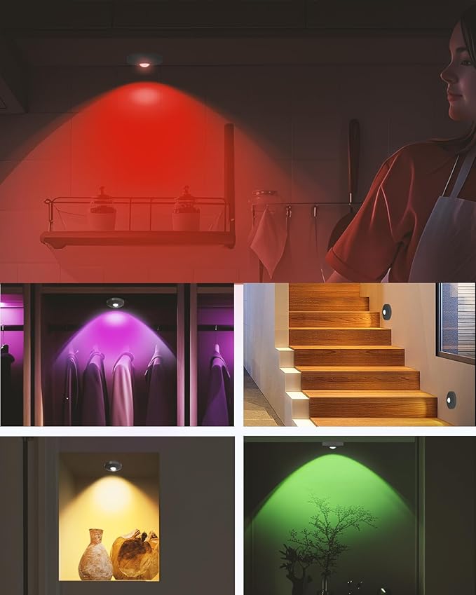Rechargeable RGB Puck Lights with Remote Control, 1500mAh Battery Operated Push Lights, Dimmable & Timer Under Cabinet Lighting for Closet, Bedroom, Kitchen Black 12Pcs