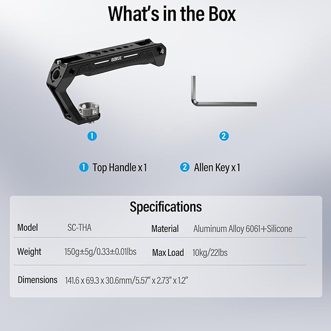 SIRUI Top Handle with 3/8"-16 Locating Pins Mount for ARRI, Camera Cage Silicone Top Handgrip with Cold Shoe with Safety Pins, 1/4" and 3/8" Threads for Microphone, LED Light, Monitor, SC-THA