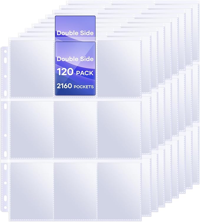 Tioplior 120 Pack 9 Pocket Double Side Card Sleeves Binder Sheets Holds 2160 Cards,Trading Card Binder Sleeves for 3 Ring Binder, Card Sleeve Pages fit for Baseball, Football, Business, Cards