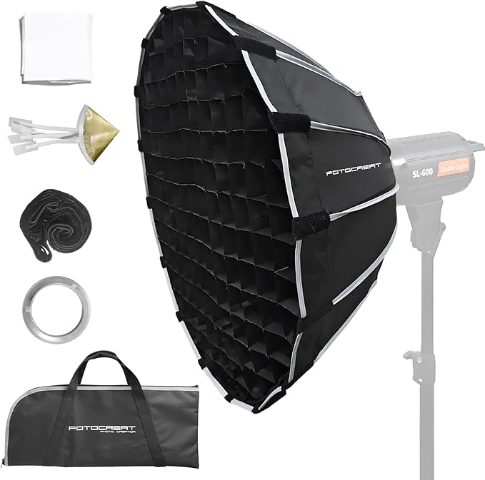 23.6inch/60cm Parabolic Softbox Bowens Mount with Honeycomb Grid,Diffusers,Bullion Tablet,Quick Set-up Release Foldable Softbox for Strobe Flash Studio Photography and Other Bowens Mount Lights