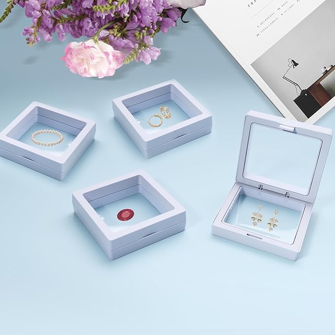 64 Pcs Floating Frame 3D Transparent Plastic Display Stand with Clear PE Film for Coin Jewelry Medallion Shells Small Collectibles Display Case